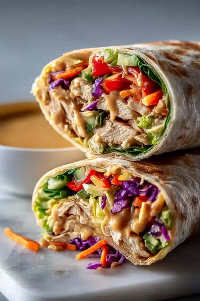 The Best Thai Peanut Chicken Wraps 2 Thai peanut chicken wraps with creamy peanut sauce and colorful veggies on marble surface