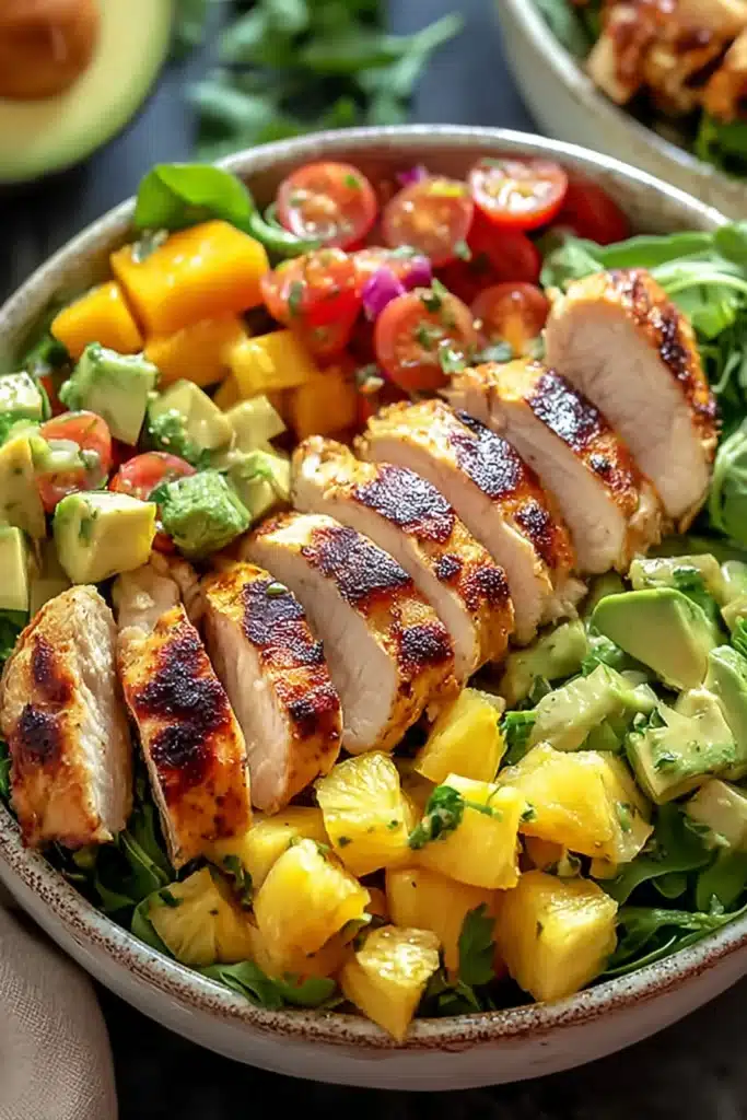 Tropical Hawaiian chicken salad with grilled chicken, avocado, pineapple, and fresh greens in a rustic bowl