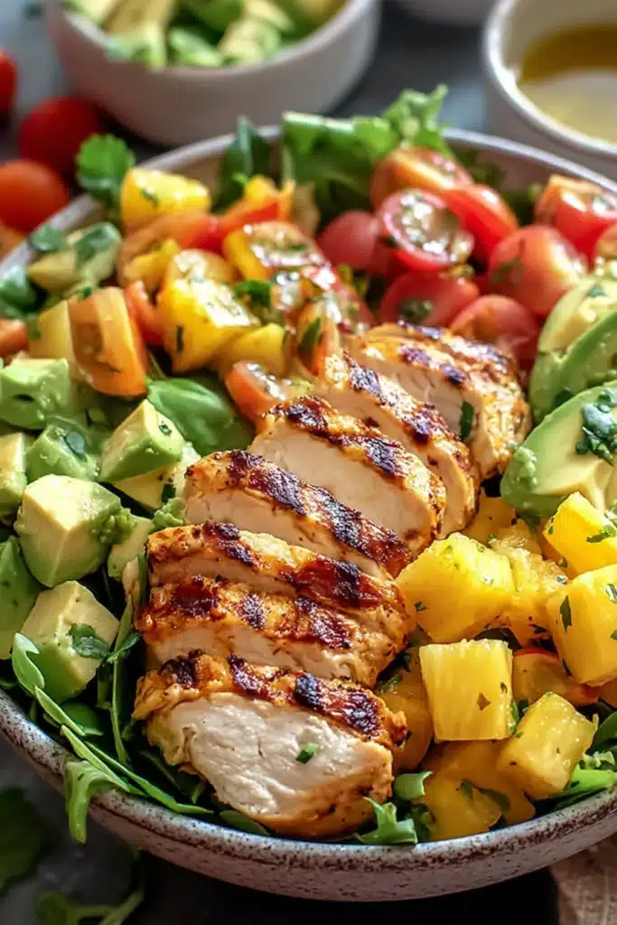 Tropical Hawaiian chicken salad with grilled chicken, pineapple, cucumber, and fresh greens in a bowl
