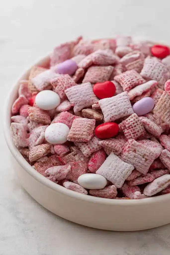 Valentine’s Day Muddy Buddies 1 Valentine’s Day muddy buddies snack mix with pink candy and powdered sugar