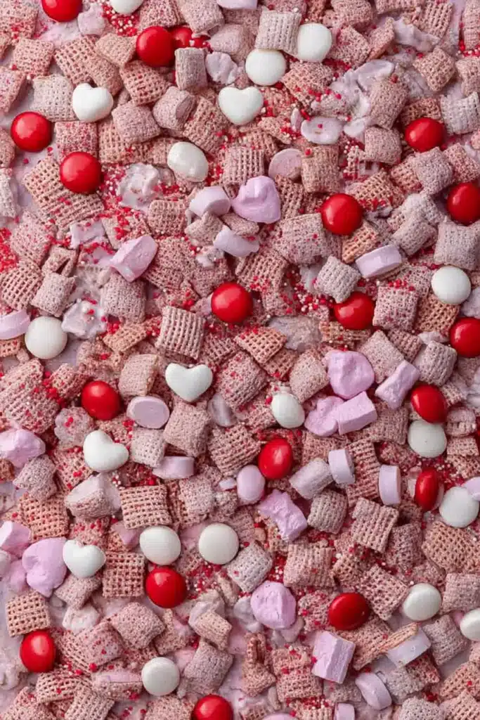 Valentine’s Day Muddy Buddies 3 Valentine’s Day muddy buddies mix with red, pink, and white M&M candies