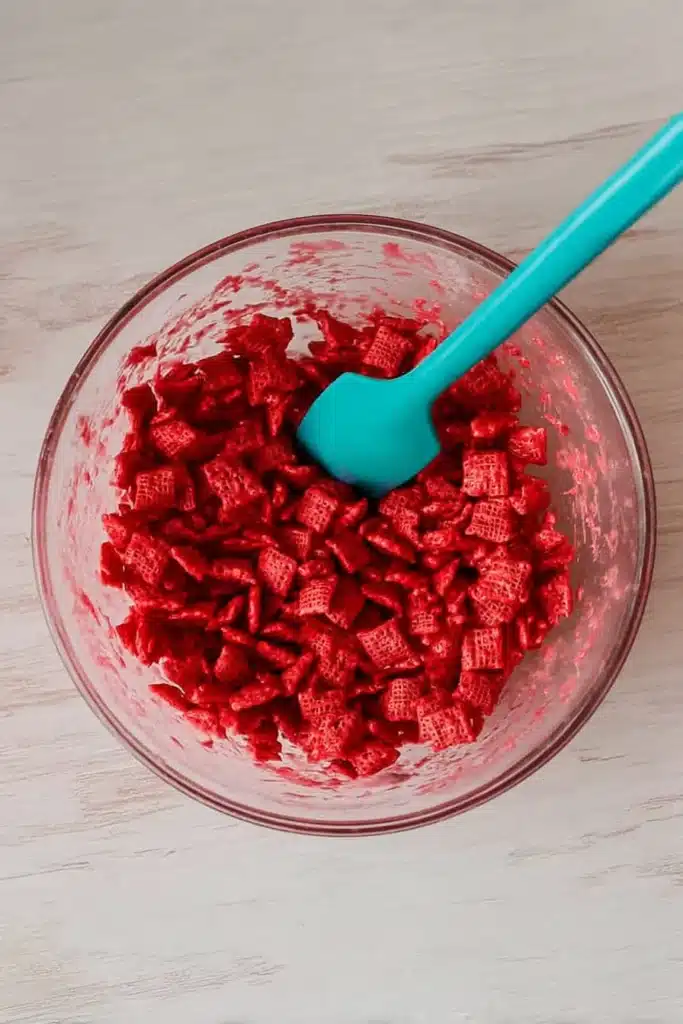 Valentine’s Day Muddy Buddies 2 Red candy-coated Chex cereal in a mixing bowl with spatula