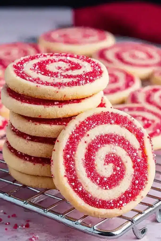 Valentine’s Day Swirl Cookies with red and white pinwheel design on parchment paper