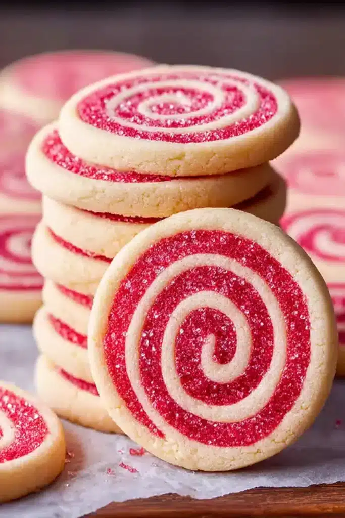 Valentine’s Day swirl cookies with red and white pinwheel design cooling on a rack