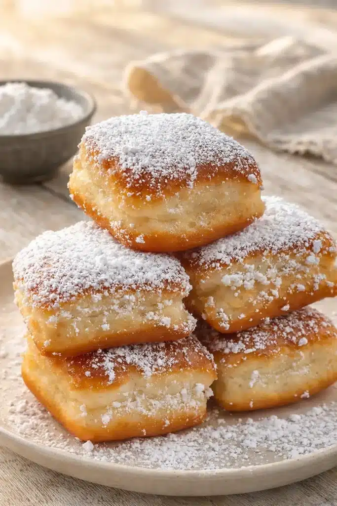 Vanilla French Beignets 1 Fluffy vanilla French beignets dusted with powdered sugar on a plate