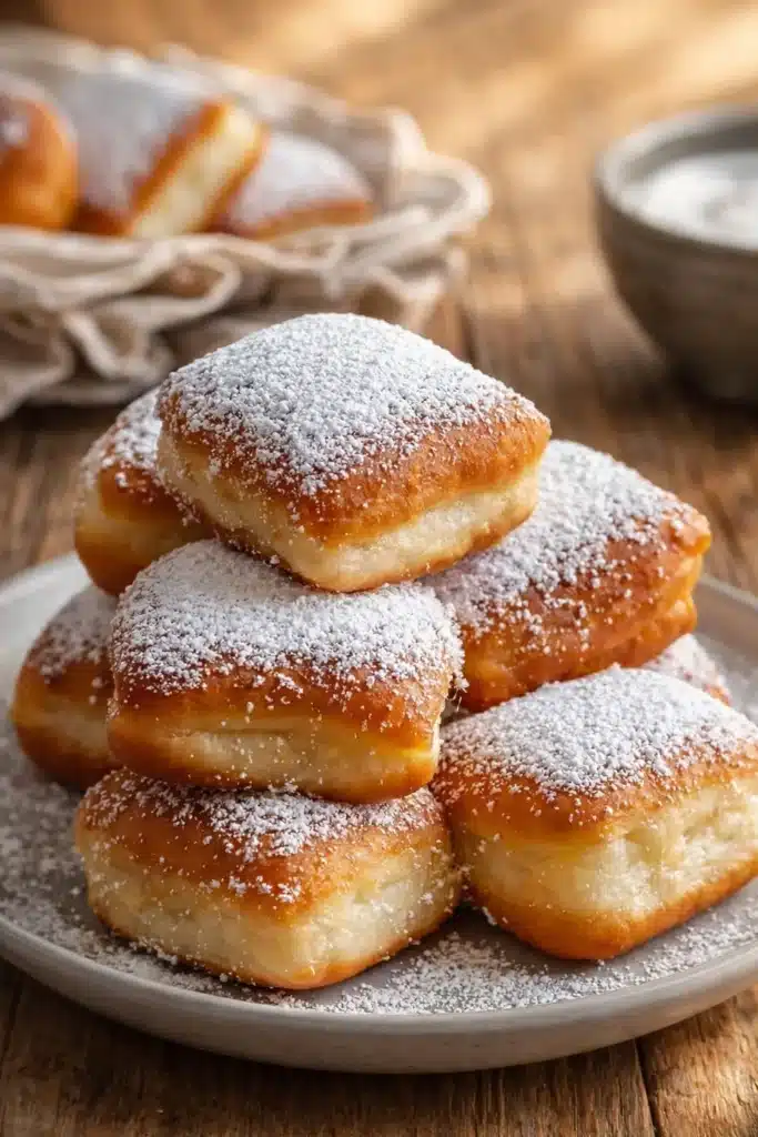 Vanilla French Beignets 2 Golden vanilla French beignets dusted with powdered sugar on a plate