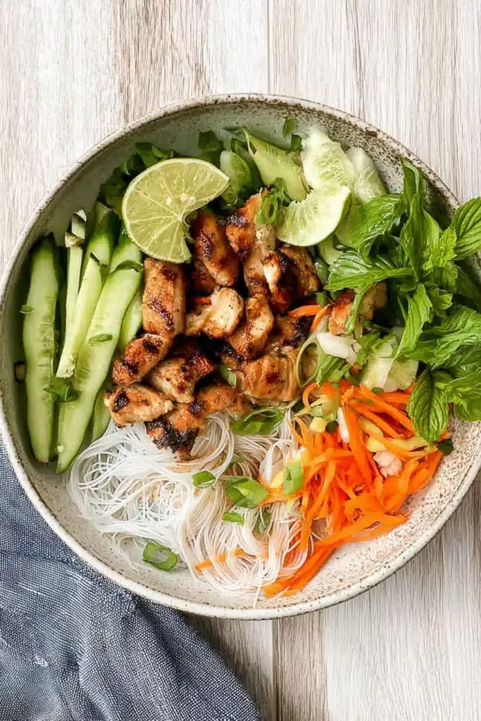Vietnamese Noodle Bowl with Chicken 1 Vietnamese noodle bowl with grilled chicken, rice noodles, carrots, cucumbers, and herbs