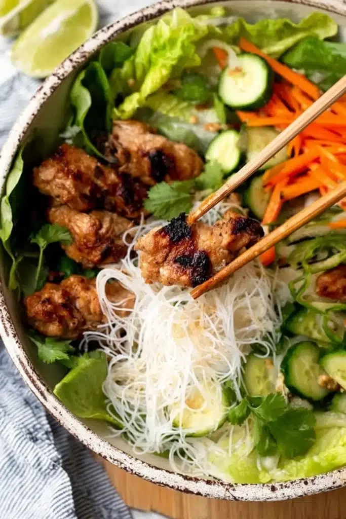 Vietnamese Noodle Bowl with Chicken 2 Vietnamese noodle bowl with grilled lemongrass chicken, rice noodles, and fresh vegetables held with chopsticks