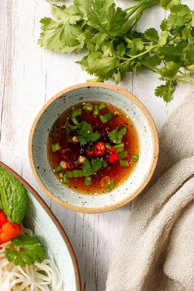 Vietnamese Noodle Bowl with Chicken 3 Vietnamese dipping sauce with chili and cilantro for noodle bowl