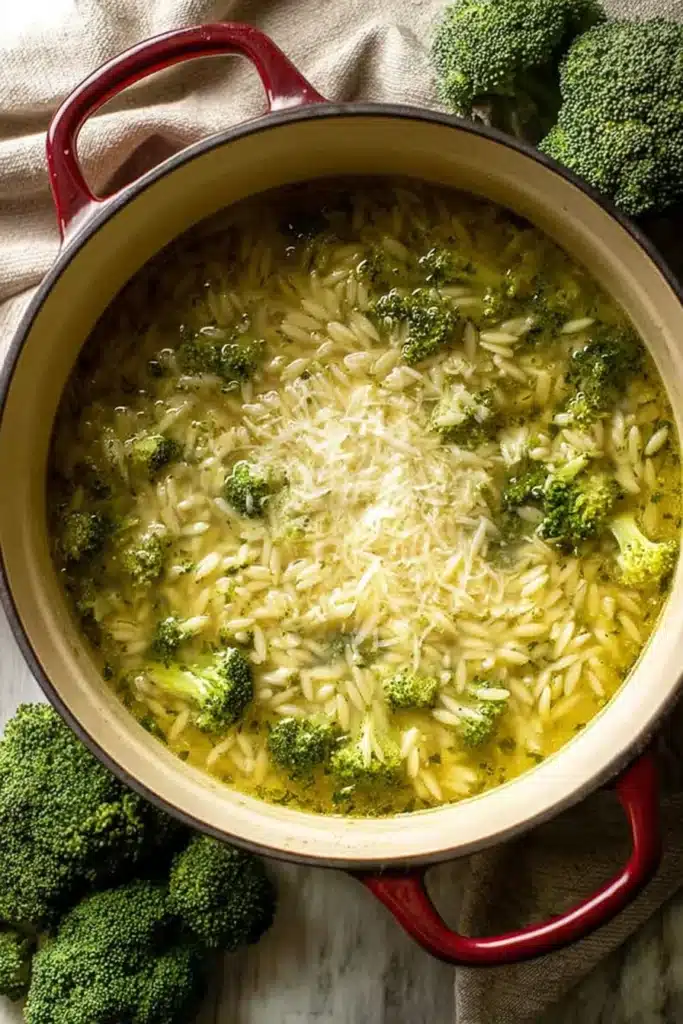Italian broccoli soup simmering with orzo in a green pot