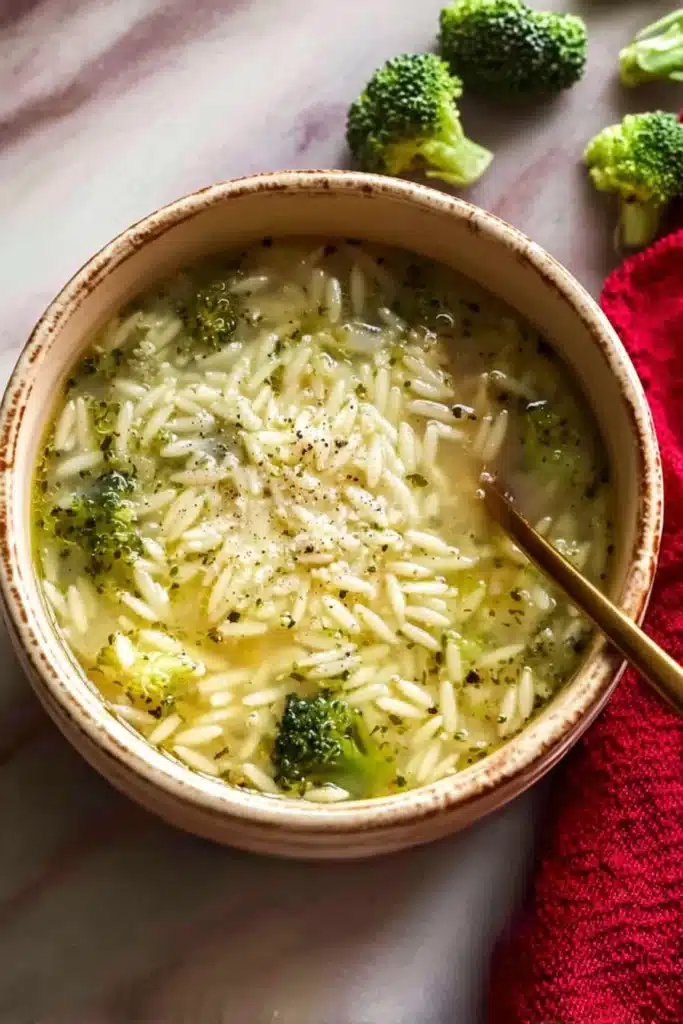 Cozy bowl of warming Italian broccoli soup with orzo and parmesan