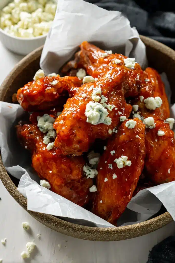 Air Fryer Buffalo Chicken Wings Recipe – Crispy, Spicy, and Ready Fast 1 Air fryer buffalo chicken wings with honey buffalo sauce and blue cheese crumbles