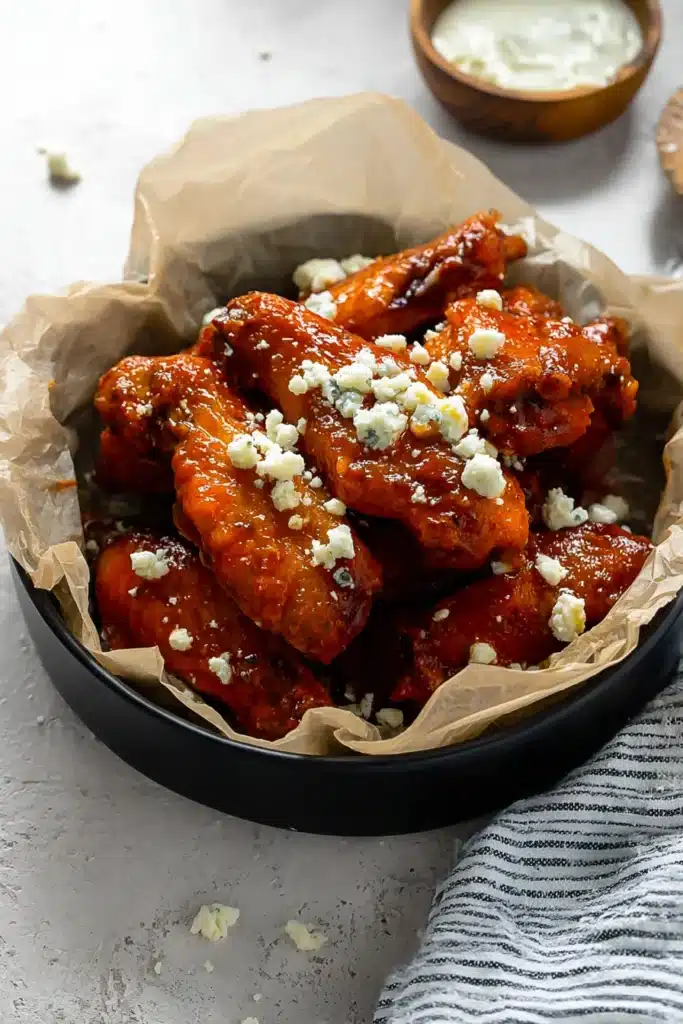 Air Fryer Buffalo Chicken Wings Recipe – Crispy, Spicy, and Ready Fast 4 Air fryer buffalo chicken wings tossed in sauce and topped with blue cheese