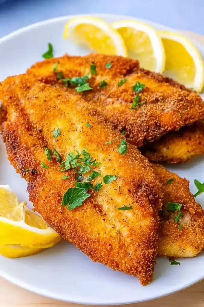 Crispy golden air fryer catfish fillets with lemon wedges on a white plate