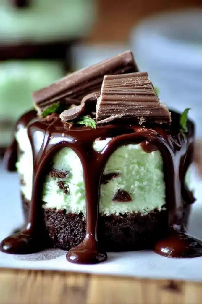 Mini mint chocolate cheesecake with chocolate crust and glossy chocolate drizzle