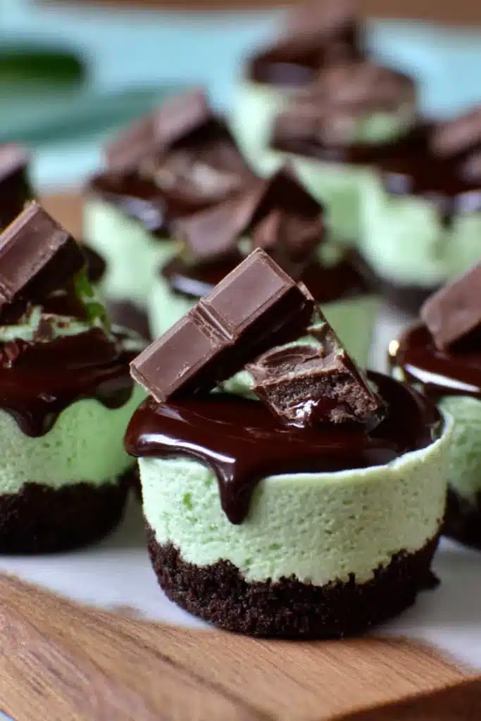 Andes Mint Mini Cheesecakes with chocolate drizzle and mint candy topping