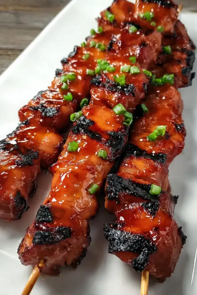 Sticky glazed BBQ pork skewers with caramelized char and green onions