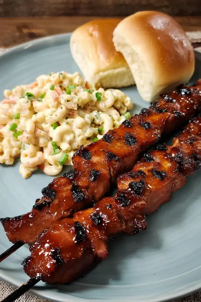 BBQ Pork Skewers served with macaroni salad and dinner rolls