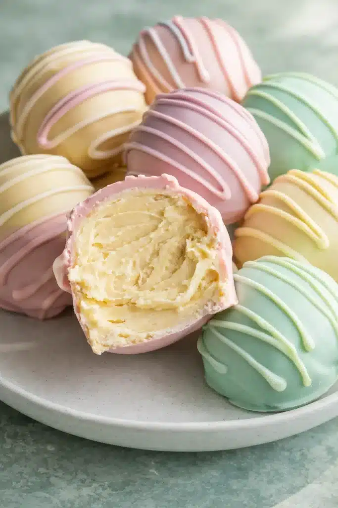 Banana Pudding Easter Truffles 2 Banana Pudding Easter Truffles cut open showing creamy filling