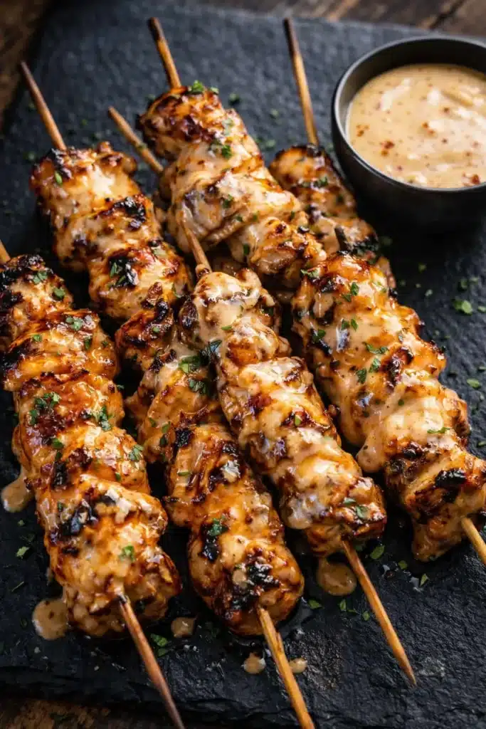 Bang Bang chicken skewers with creamy chili sauce and grill marks on slate board