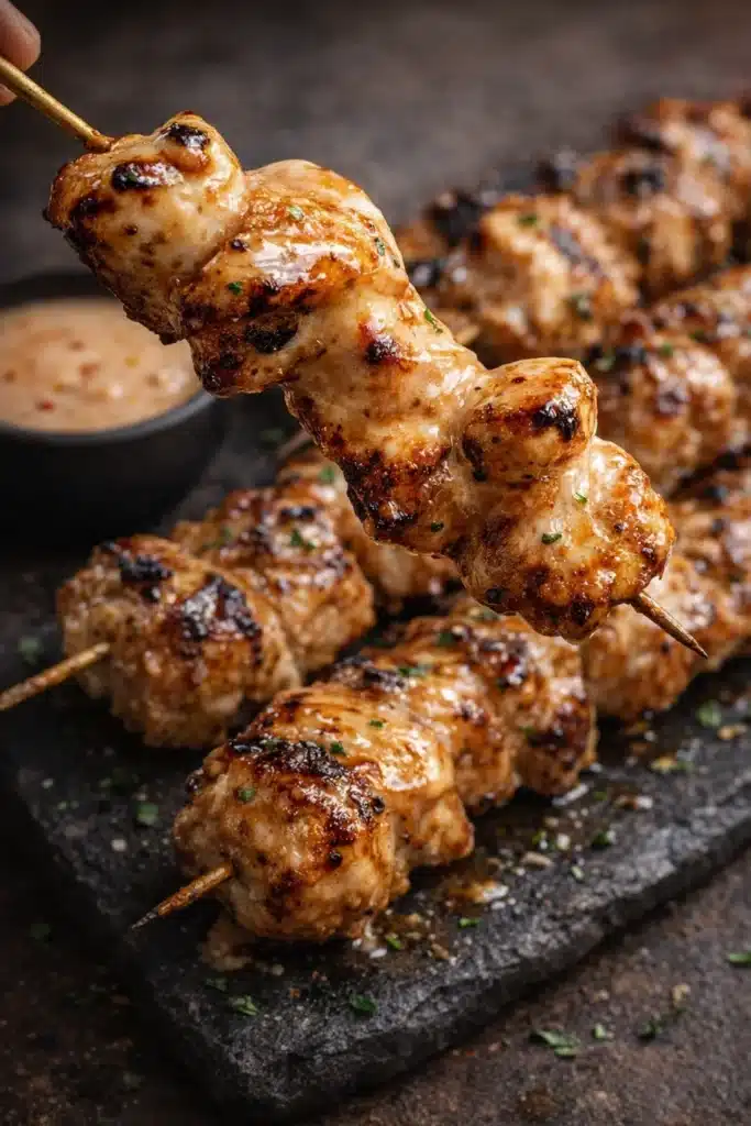 Bang Bang Chicken Skewers with creamy chili glaze and grill marks