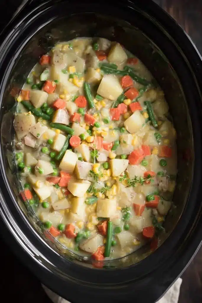 Best Chicken Pot Pie Crock Pot 2 Uncooked chicken pot pie ingredients in crock pot with creamy sauce and vegetables