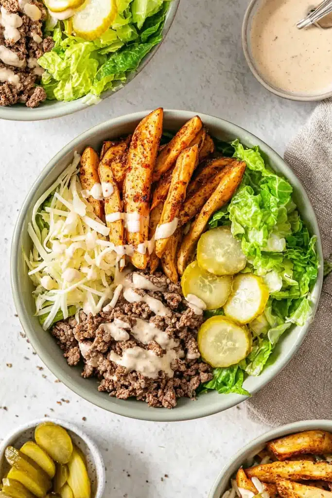 Burger Bowls 1 Burger bowl with crispy potatoes, ground beef, lettuce, pickles, and creamy sauce