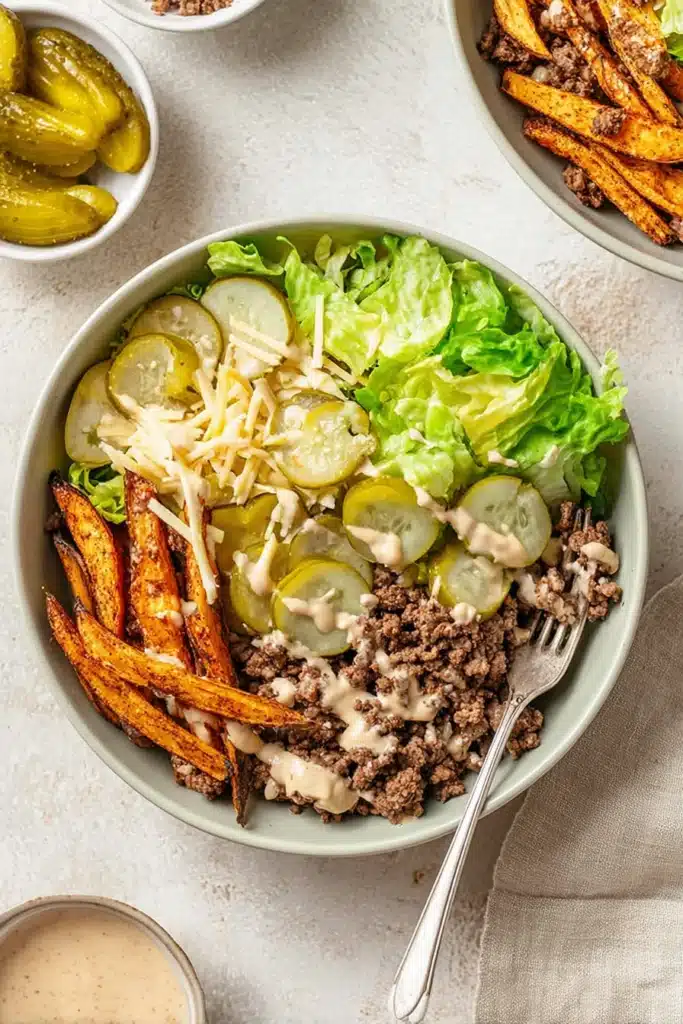 Burger Bowls 4 Burger Bowls with crispy potatoes, beef, lettuce and creamy sauce