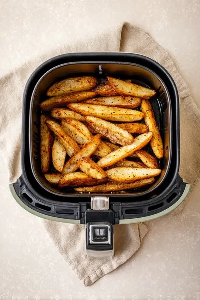Burger Bowls 2 Burger Bowls crispy seasoned potatoes in air fryer basket