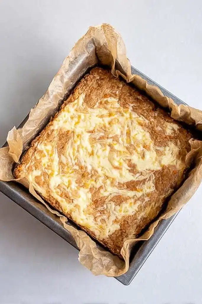 Carrot Cake Bars 3 Freshly baked Carrot Cake Bars with cheesecake swirl in pan