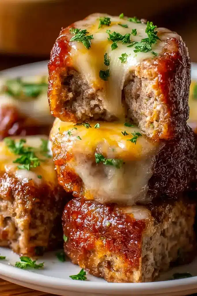 Cheesy Stuffed Meatloaf Bites – Quick, Juicy, and Family-Approved 2 Cheesy stuffed meatloaf bites stacked on a plate with melted cheese inside