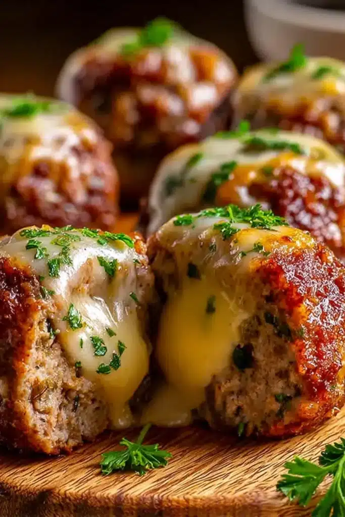 Cheesy Stuffed Meatloaf Bites – Quick, Juicy, and Family-Approved 1 Cheesy stuffed meatloaf bites with melted cheese and parsley on a wooden board
