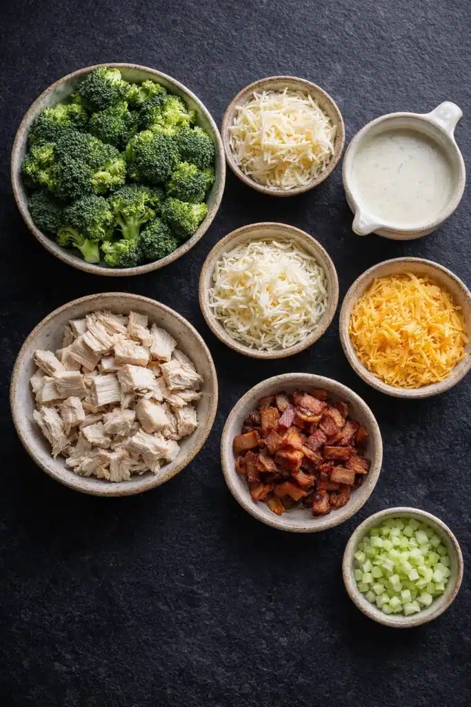 Chicken Casserole with Broccoli and Bacon 2 Ingredients for Chicken Casserole with Broccoli and Bacon in bowls