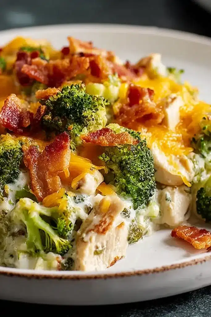 Chicken Casserole with Broccoli and Bacon 1 Chicken casserole with broccoli and crispy bacon topped with melted cheese