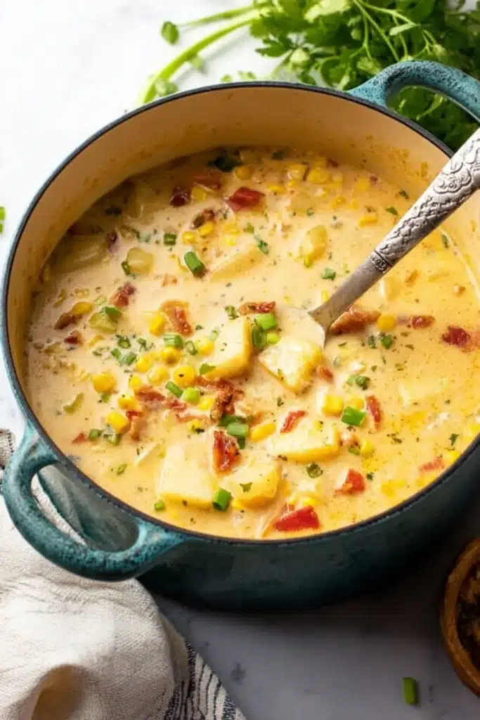 Creamy chicken corn chowder with potatoes, bacon, and corn in a blue pot
