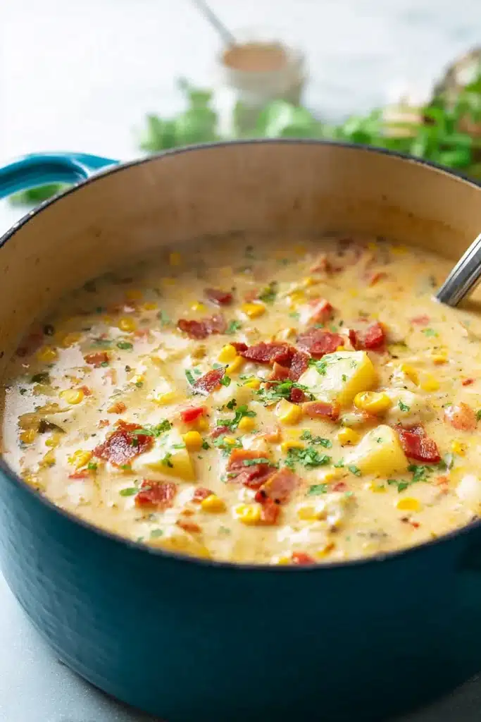 Creamy chicken corn chowder with bacon and potatoes in a blue Dutch oven