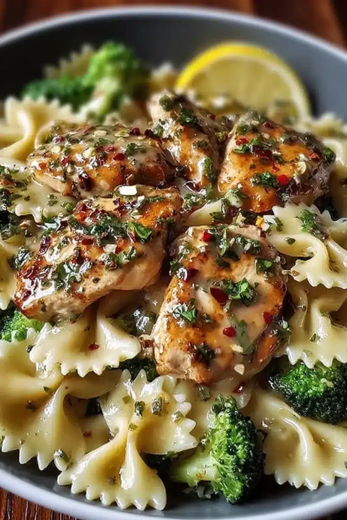 Chicken Pasta with Broccoli Slow Cooker Style 1 Creamy lemon garlic chicken pasta with broccoli and farfalleCreamy lemon garlic chicken pasta with broccoli and farfalle