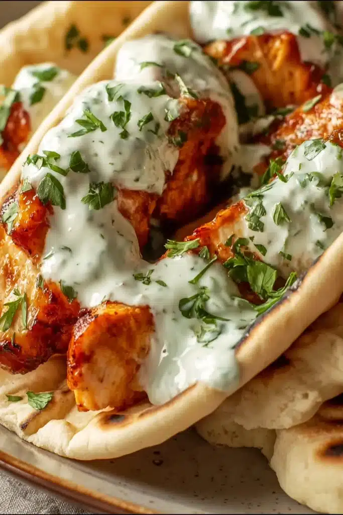 Chicken Pitas with Herby Ranch 2 Chicken Pitas with Herby Ranch on baking sheet with creamy sauce