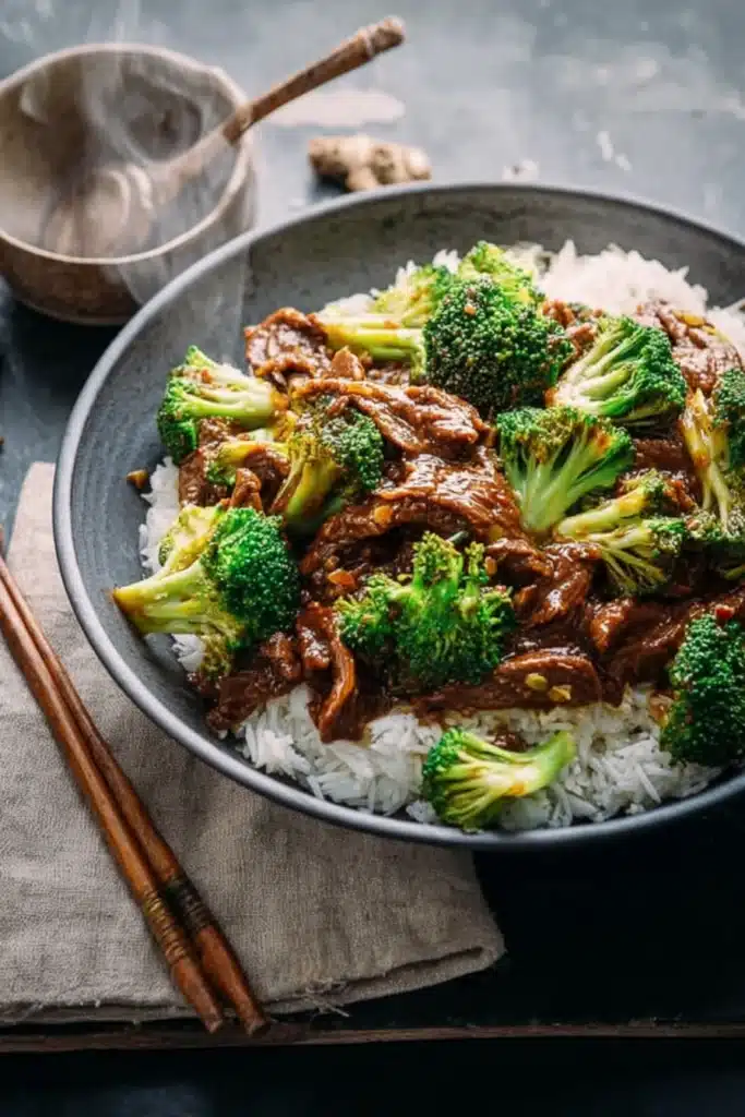 Chinese Beef and Broccoli Recipe That’s Better Than Takeout 1 Chinese Beef and Broccoli served over rice in ceramic bowl