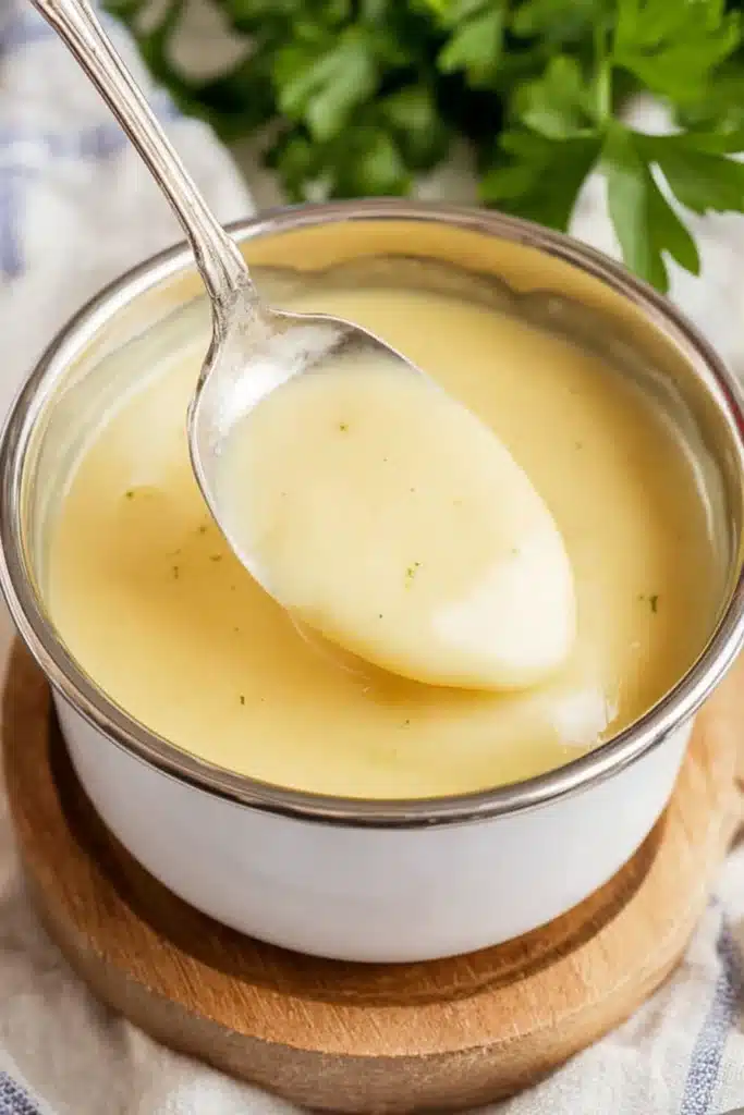 Cream of Chicken Soup Recipe 1 Creamy homemade cream of chicken soup in a saucepan with a spoon