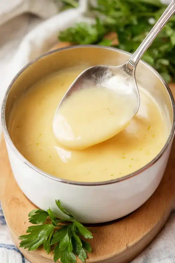 Cream of Chicken Soup Recipe 2 Creamy homemade cream of chicken soup in saucepan with spoon