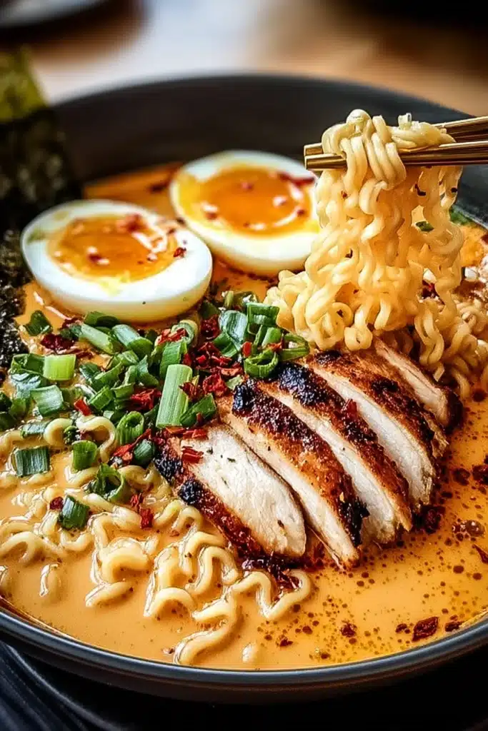 Creamy garlic chicken ramen with grilled chicken, soft egg, and green onions in rich broth