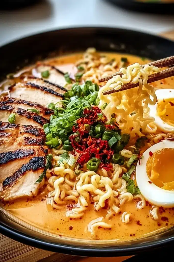 Creamy garlic chicken ramen with grilled chicken, soft egg, and green onions in rich broth
