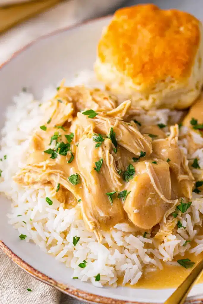 Crock Pot Chicken and Gravy Easy Comfort Classic 1 Creamy crock pot chicken and gravy over white rice with biscuit