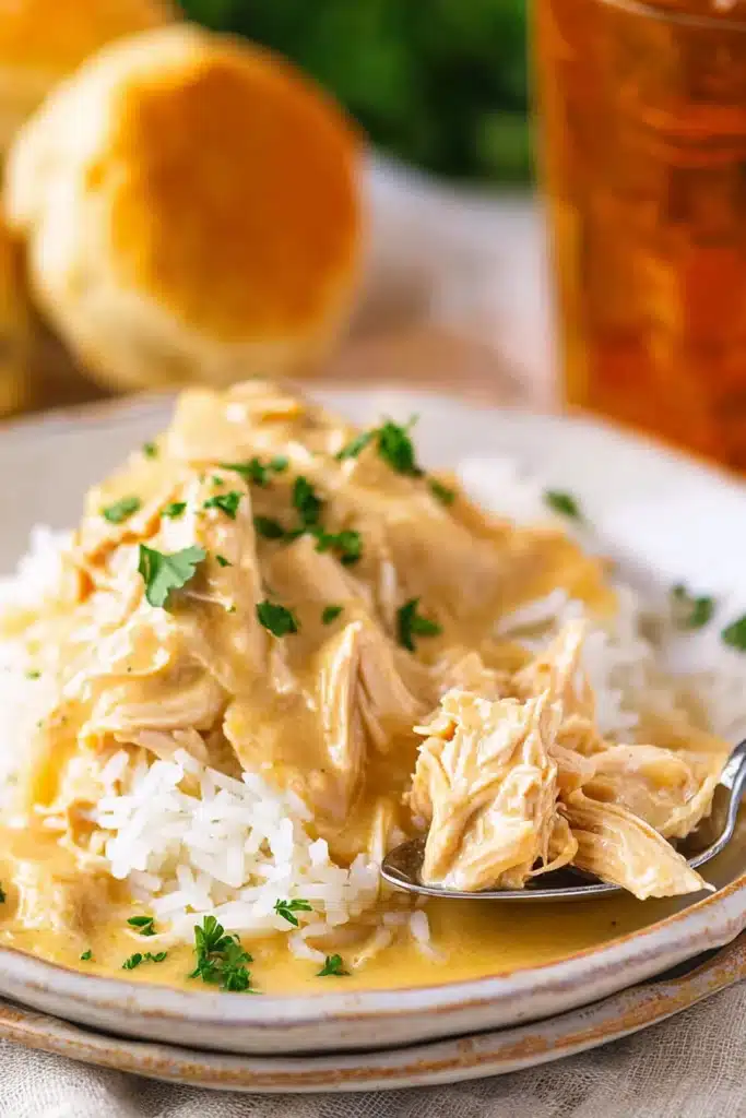 Crock Pot Chicken and Gravy Easy Comfort Classic 3 Crock Pot Chicken and Gravy served over white rice with parsley