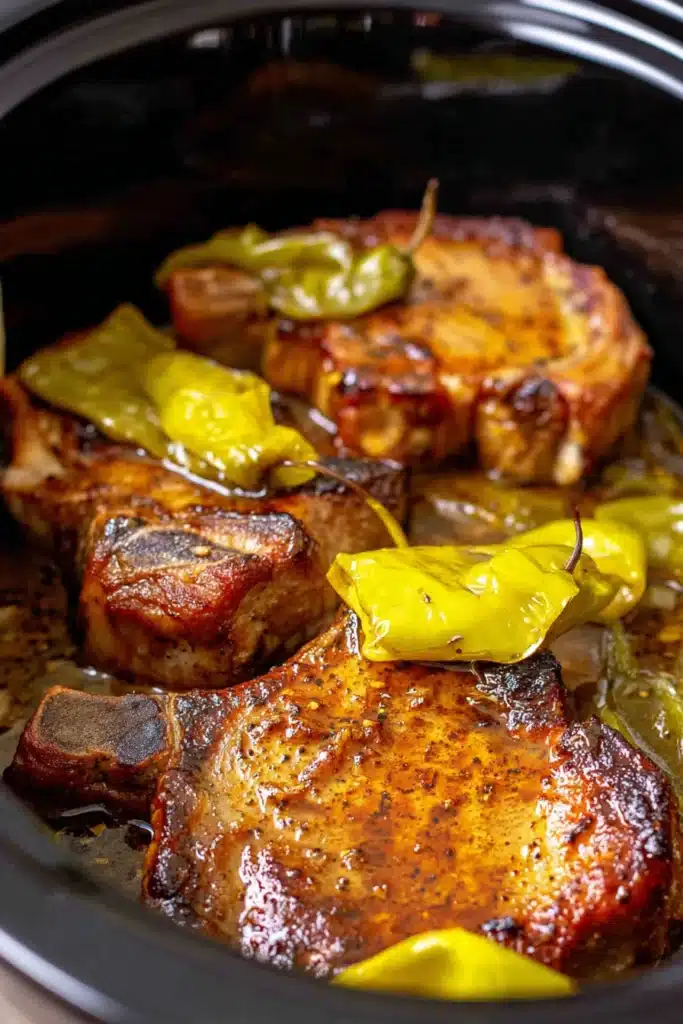 Crock Pot Mississippi Pork Chops 3 Golden Crock Pot Mississippi Pork Chops with pepperoncini peppers