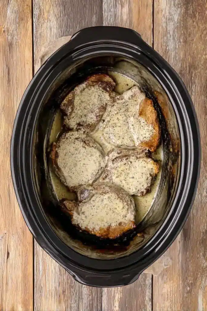 Crock Pot Mississippi Pork Chops 2 Crock Pot Mississippi Pork Chops cooking in slow cooker with ranch and au jus