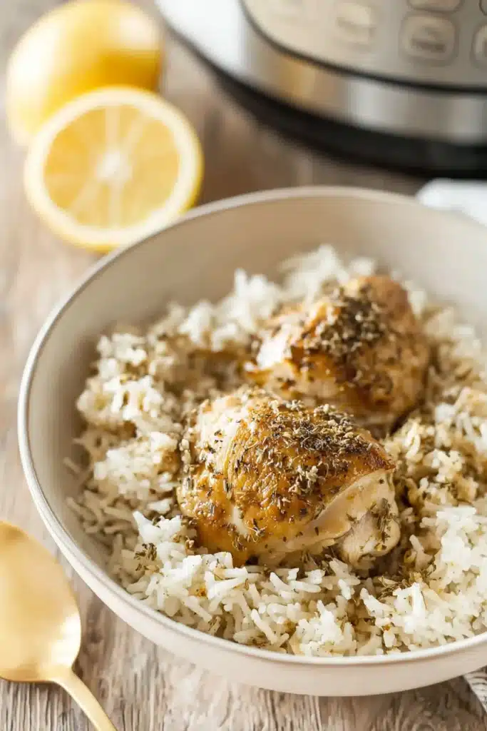 CrockPot Lemon Chicken and Rice 3 CrockPot Lemon Chicken and Rice in bowl with fluffy rice and seasoned chicken thighs