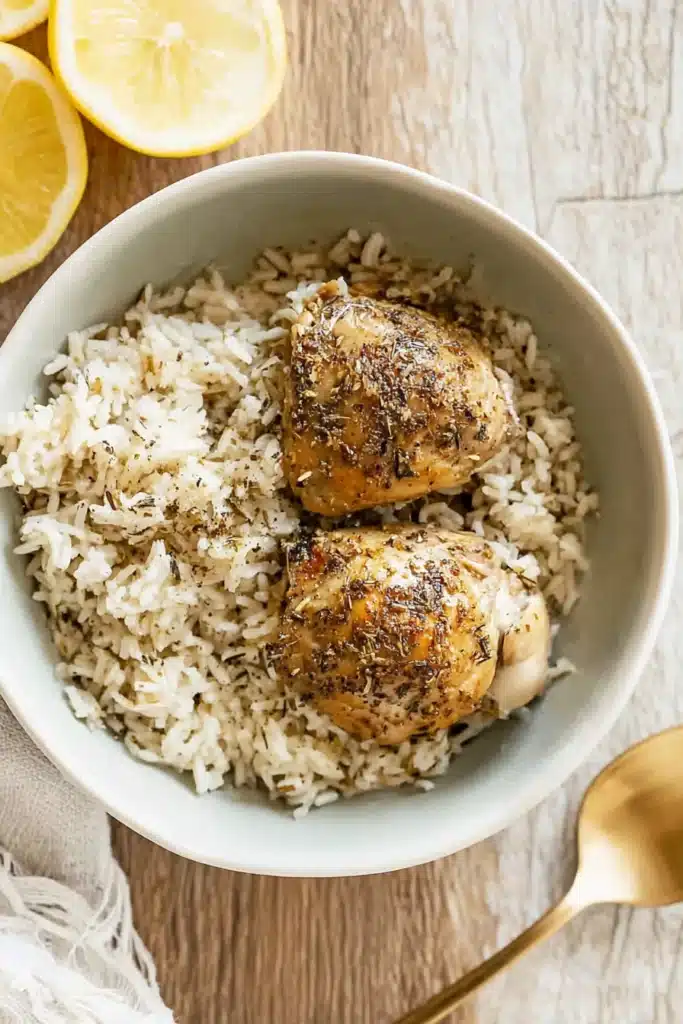 CrockPot Lemon Chicken and Rice 1 Crockpot lemon chicken and rice in gray bowl with fluffy rice and seasoned chicken thighs