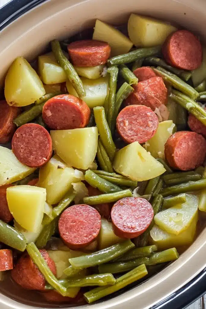 Crockpot Kielbasa and Green Beans 1 Crockpot kielbasa and green beans with potatoes in ceramic casserole dish